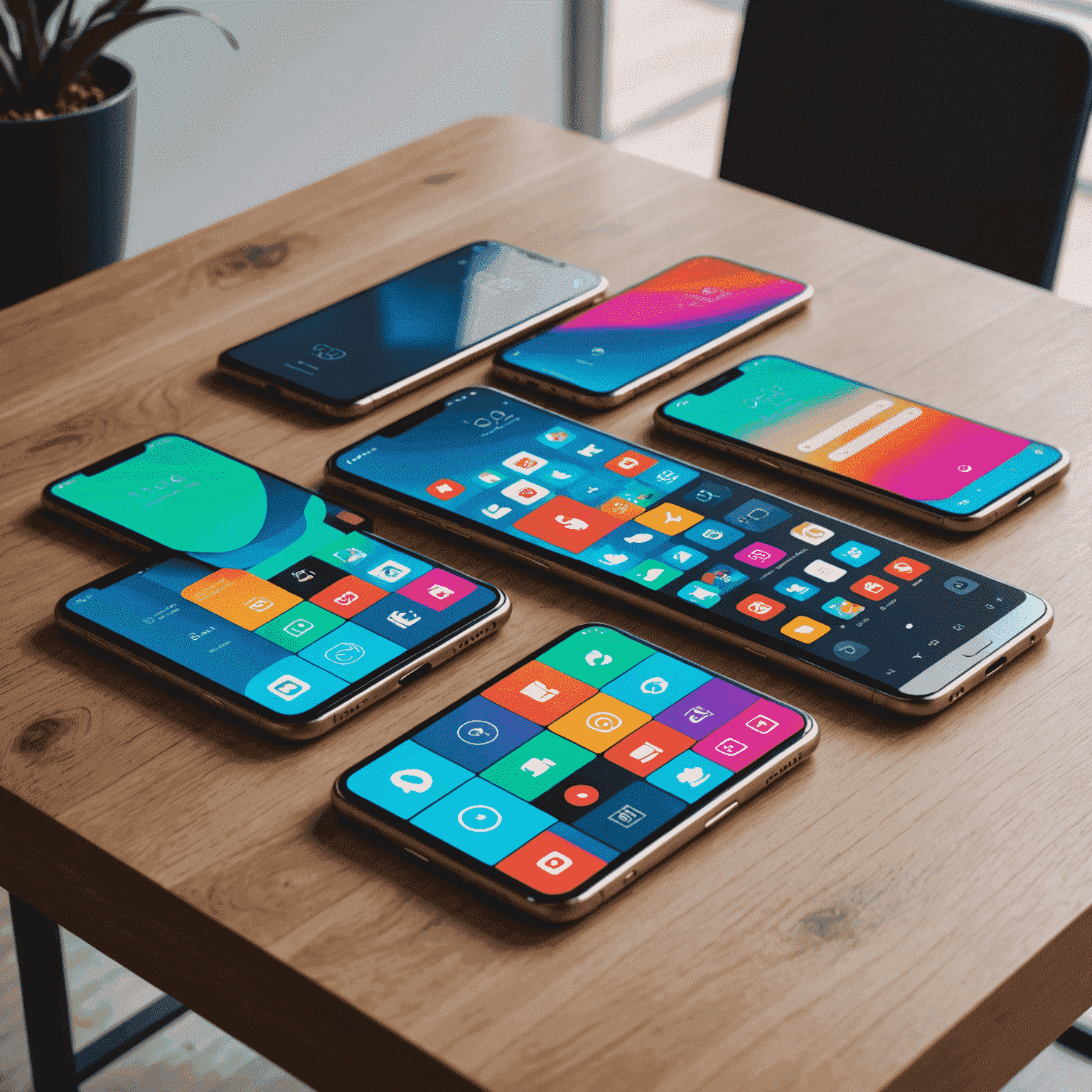 Various new smartphone models displayed on a sleek, modern table with vibrant screens showing different apps and features