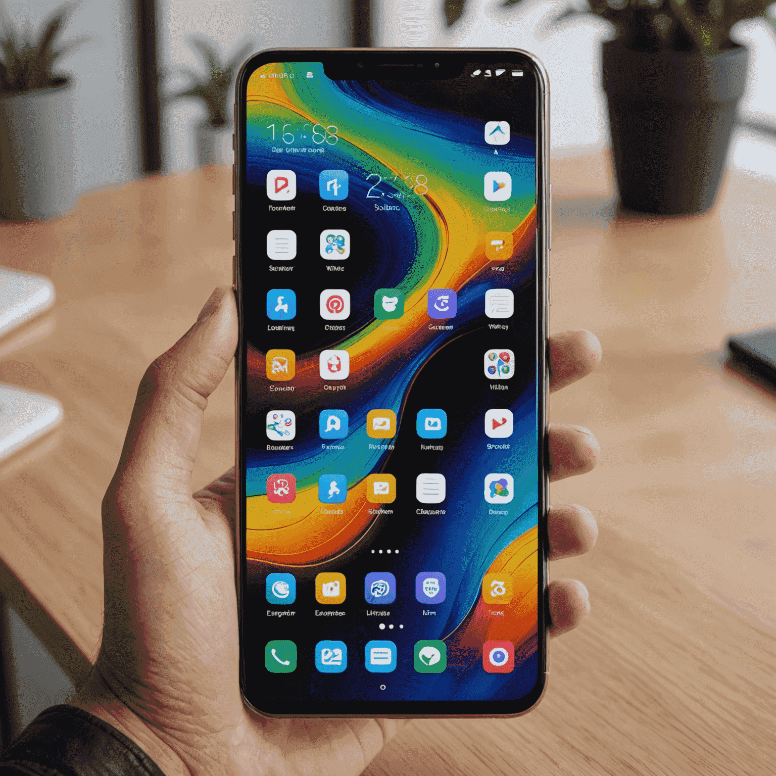 A sleek new smartphone with a bezel-less display, multiple camera lenses, and a vibrant screen showing various apps. The phone has a glossy finish and appears to be a high-end model.