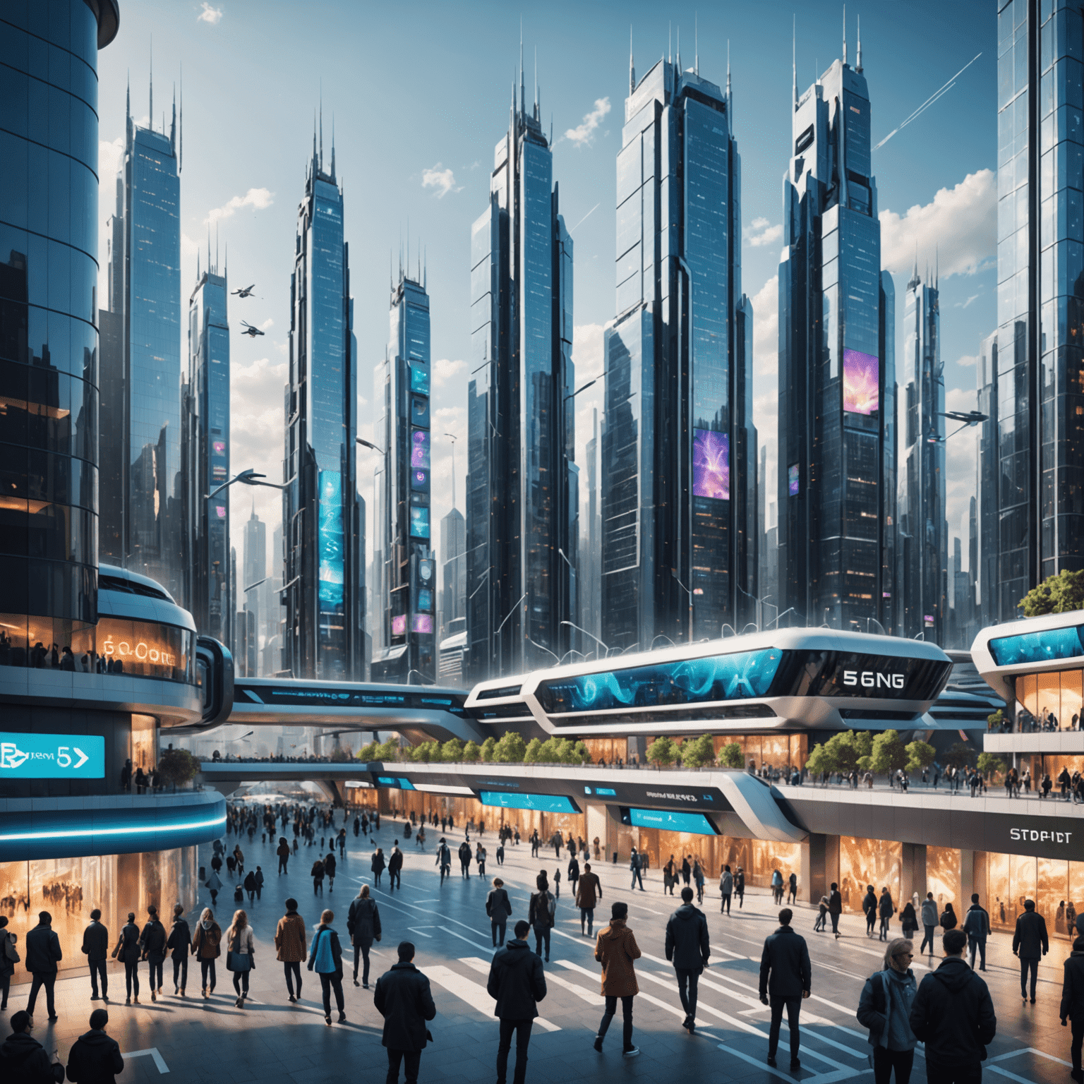 A futuristic cityscape with 5G towers and people using advanced mobile devices, showcasing the interconnectedness of modern urban life