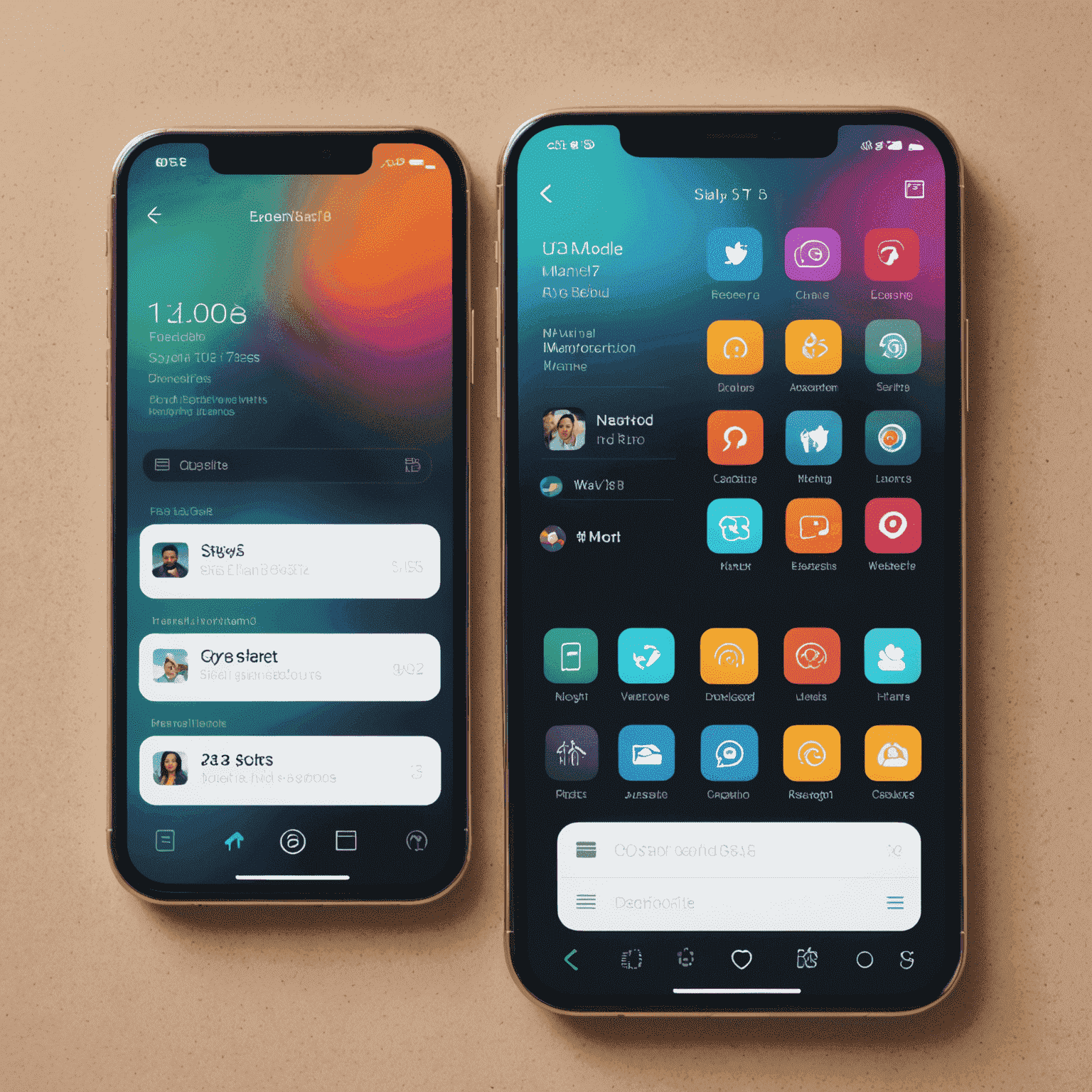 A smartphone displaying a custom-built mobile application with vibrant UI elements, showcasing both iOS and Android versions side by side