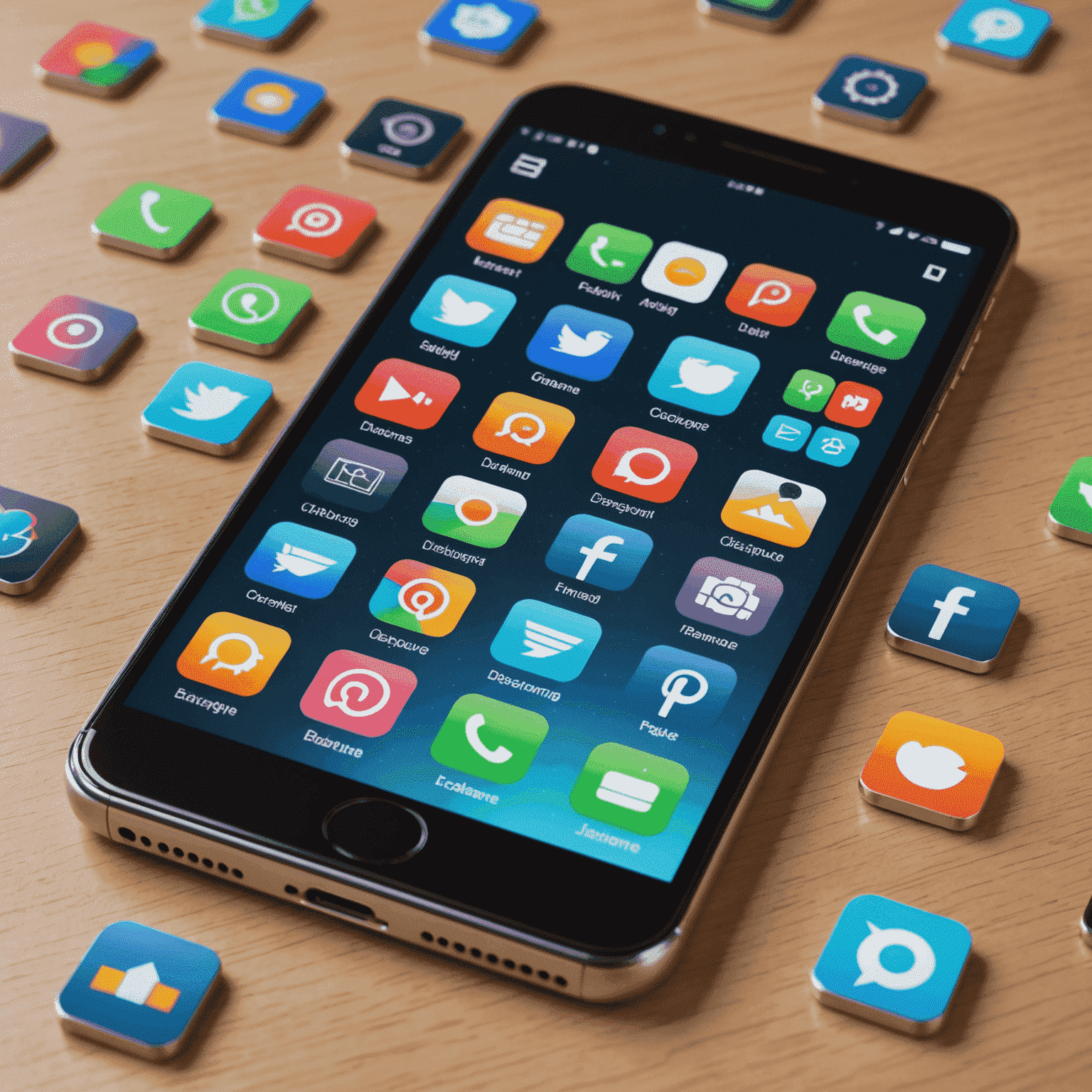 A modern smartphone displaying various app icons and interfaces, representing custom mobile application development for iOS and Android platforms