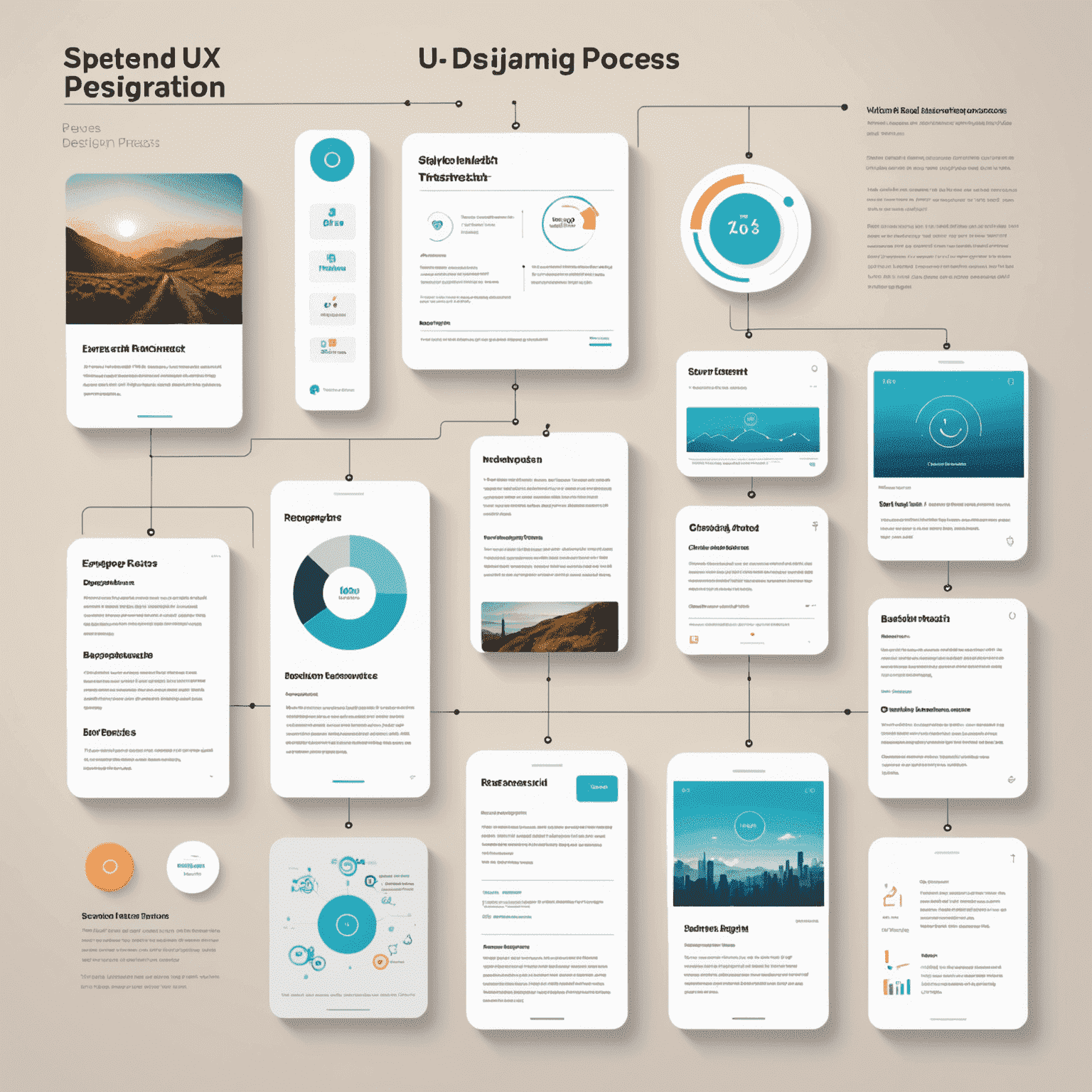 A visual representation of the UI/UX design process, showing stages from research to final design, with emphasis on mobile interfaces and user-centered approach