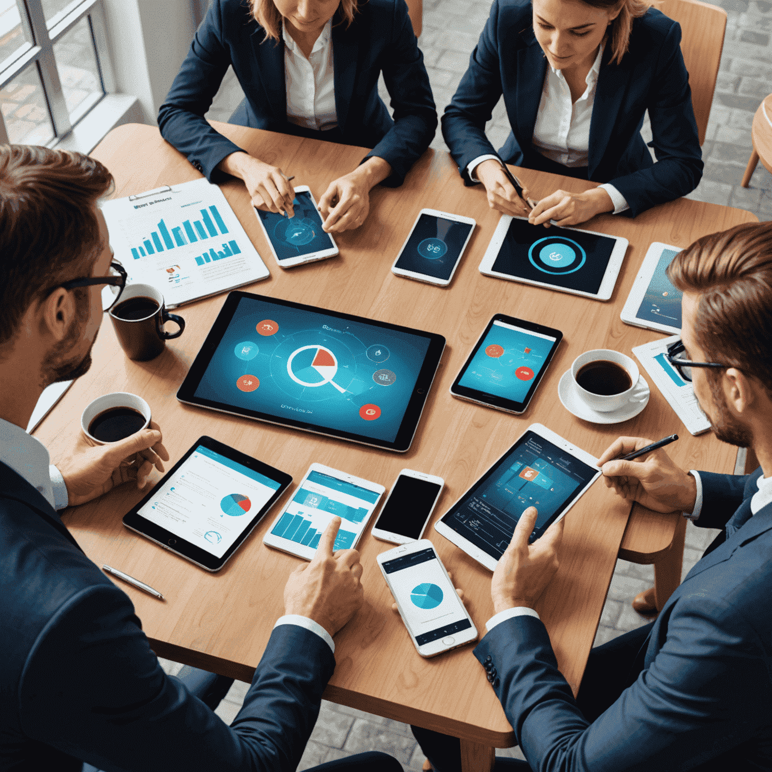 A team of consultants discussing mobile strategy around a table with smartphones and tablets, showcasing various mobile applications and data analytics on screens