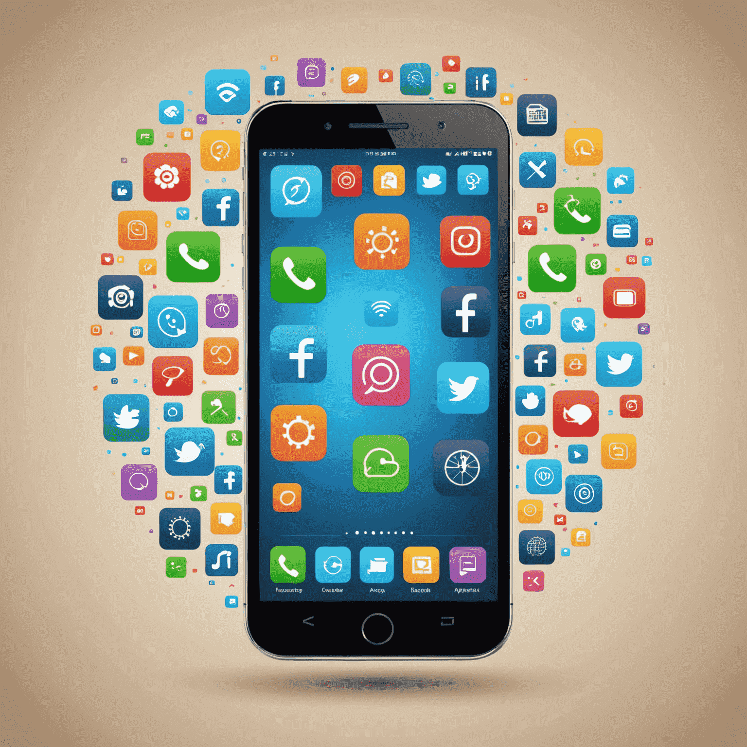 A smartphone with various app icons floating around it, symbolizing ongoing maintenance and updates for mobile applications