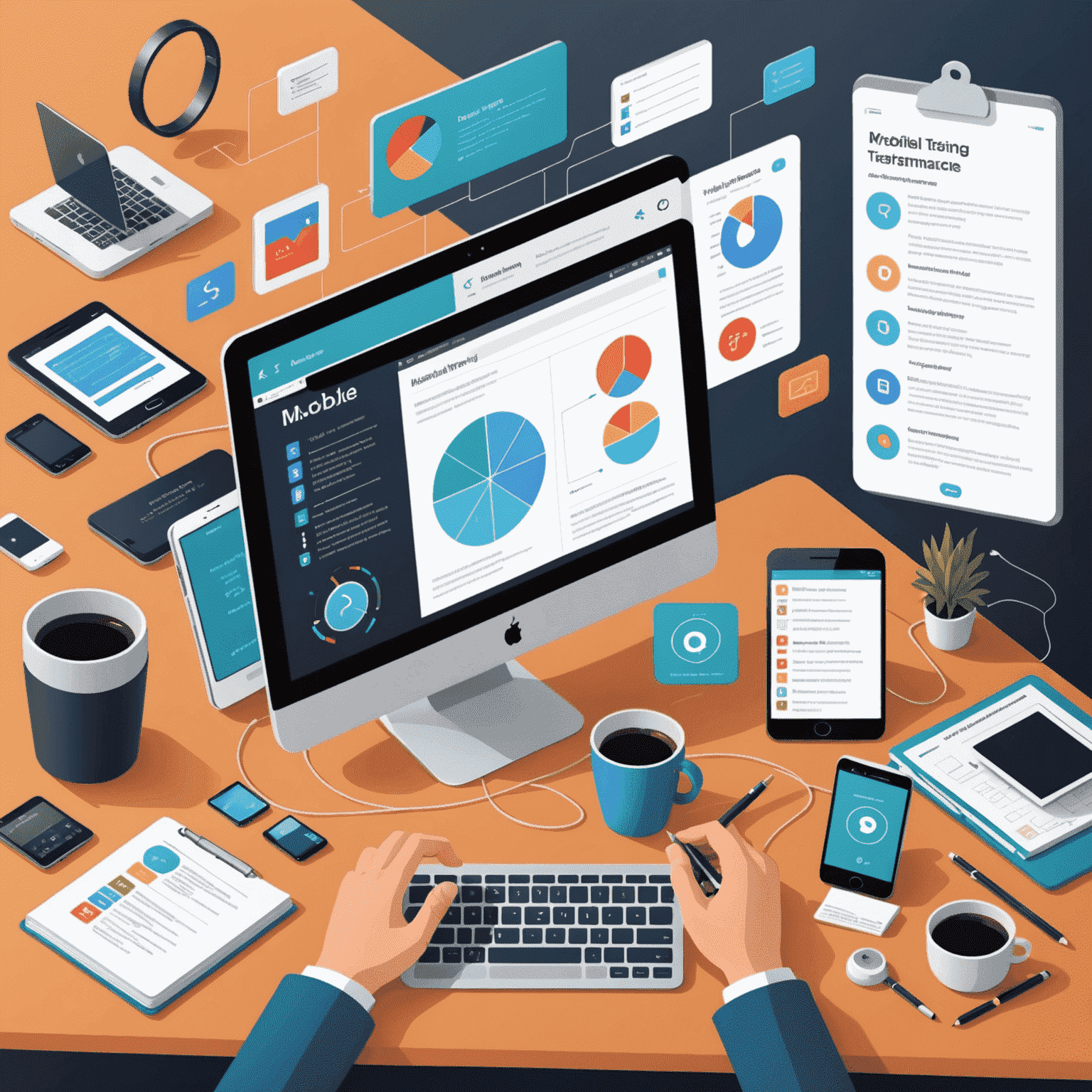A detailed illustration of mobile testing process showing various stages like functional testing, usability testing, performance testing, and security testing on different mobile devices and operating systems