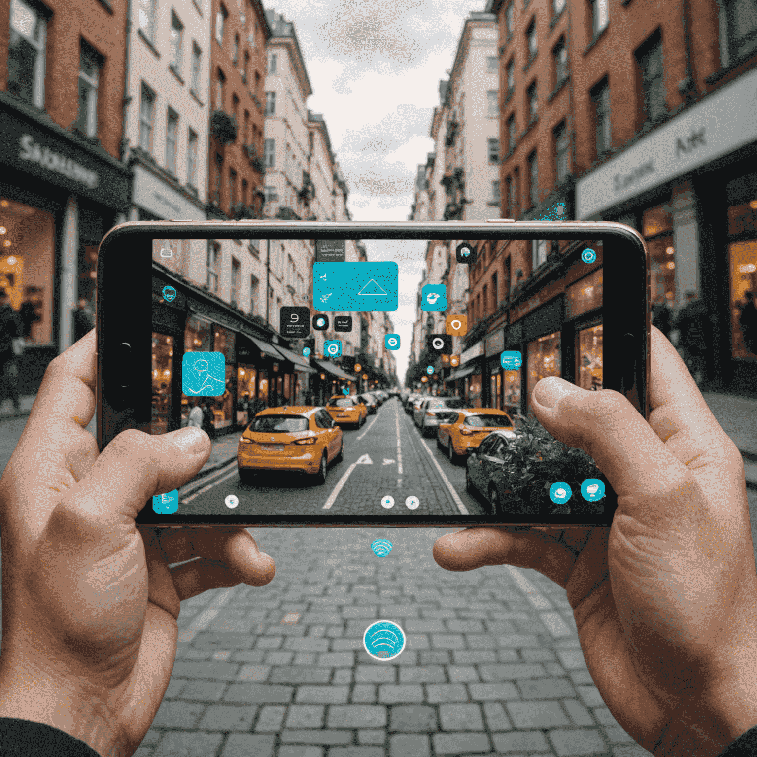 A person using a smartphone with an augmented reality app, showing virtual objects overlaid on the real world