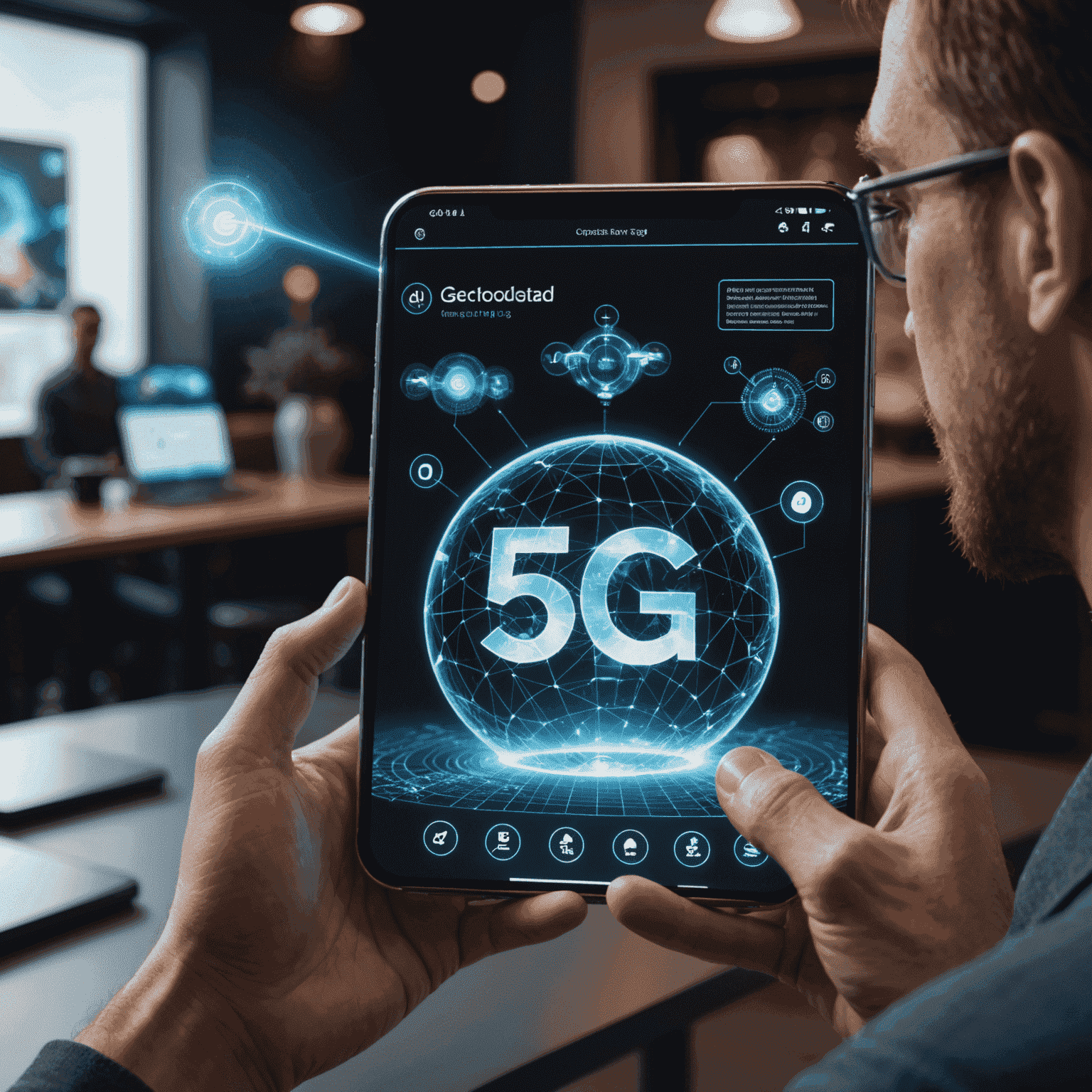 A person using a holographic display projected from their smartphone, showcasing advanced 5G capabilities