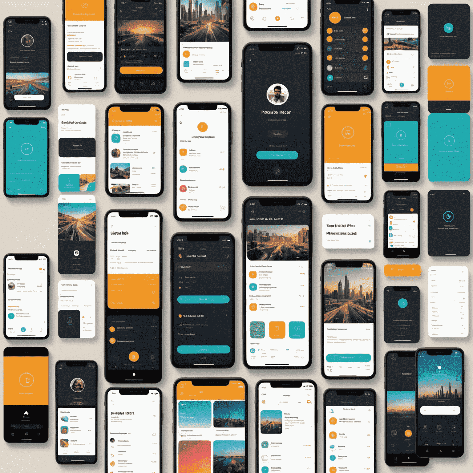 A collage of mobile app interfaces designed by MobiSadi, showcasing various UI elements, color schemes, and interactive components optimized for UAE users