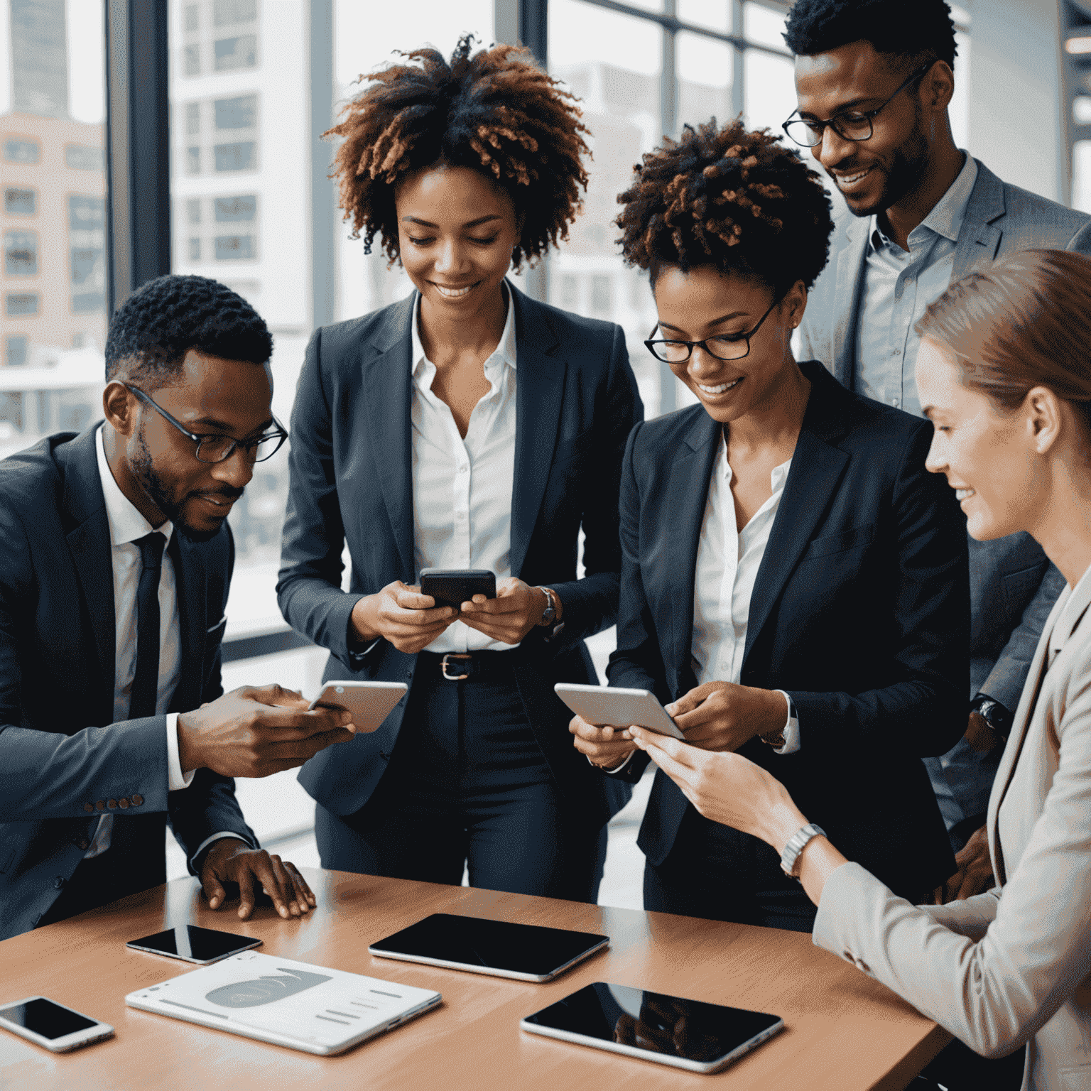 A diverse group of professionals using various mobile devices to access a unified business platform, showcasing seamless integration across different departments