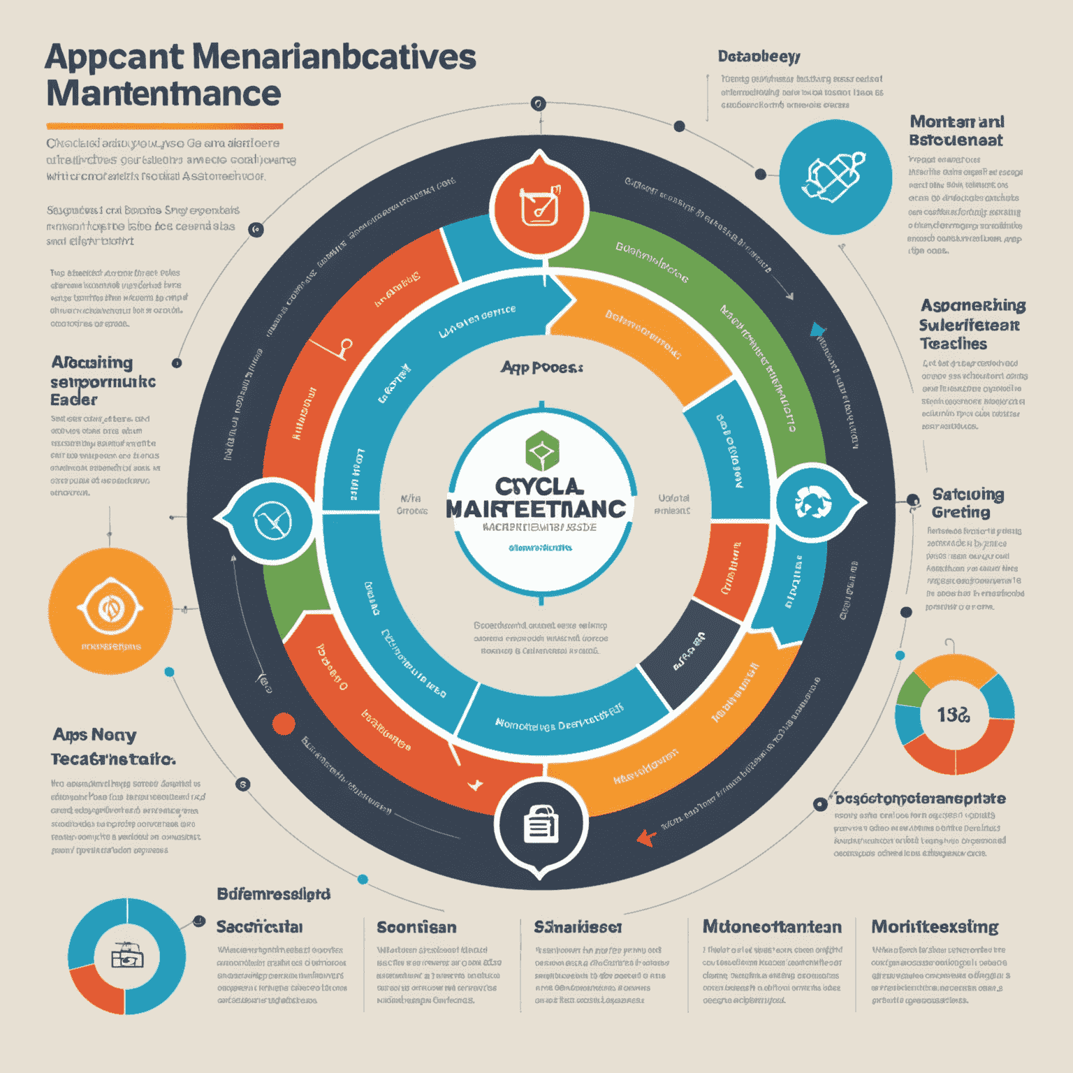 Infographic showing the cyclical process of app maintenance: monitoring, updating, testing, and deploying