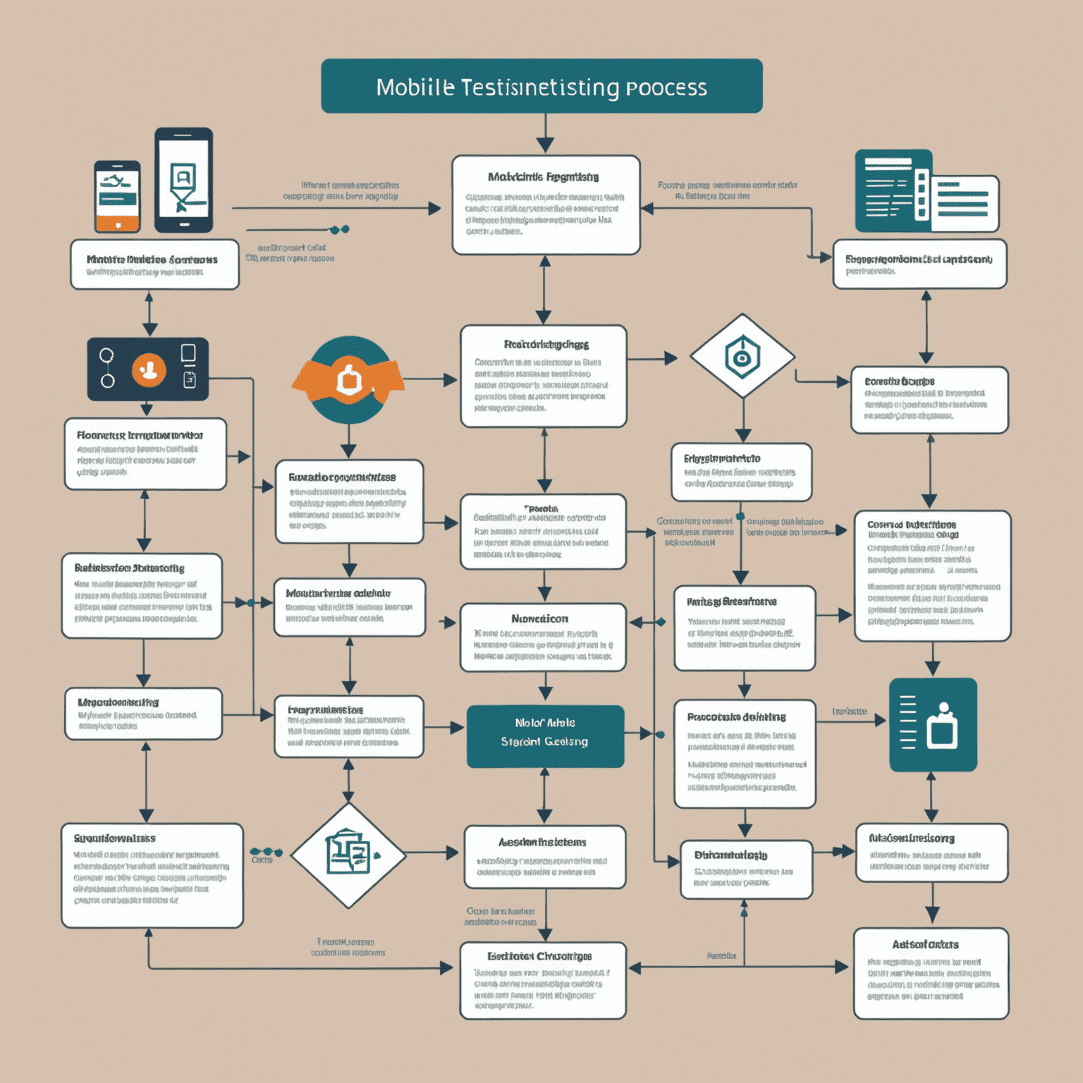 A flowchart illustrating the mobile testing process, from requirements analysis to final reporting, with icons representing each stage