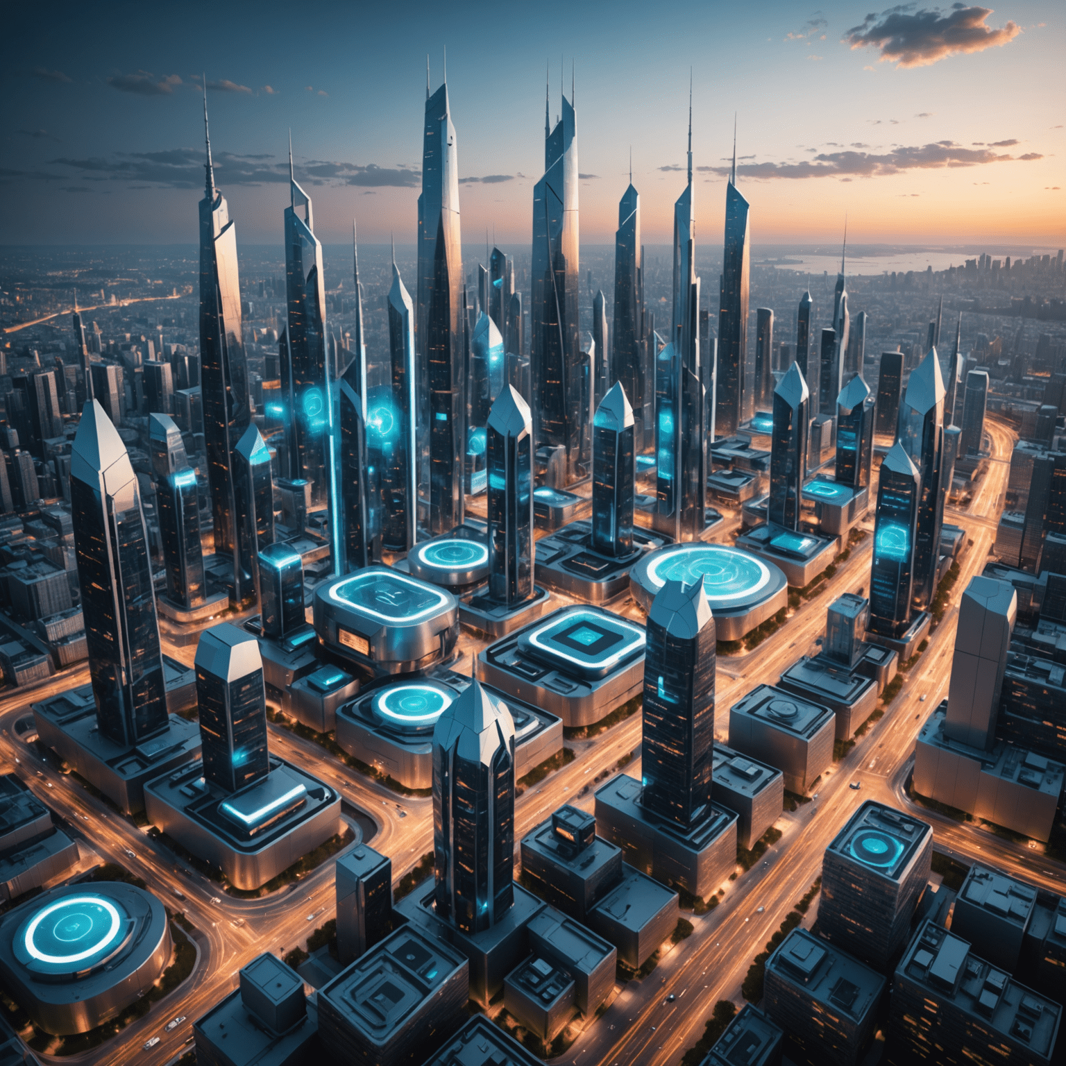 Futuristic cityscape with 5G towers and devices, showcasing high-speed connectivity and advanced mobile solutions