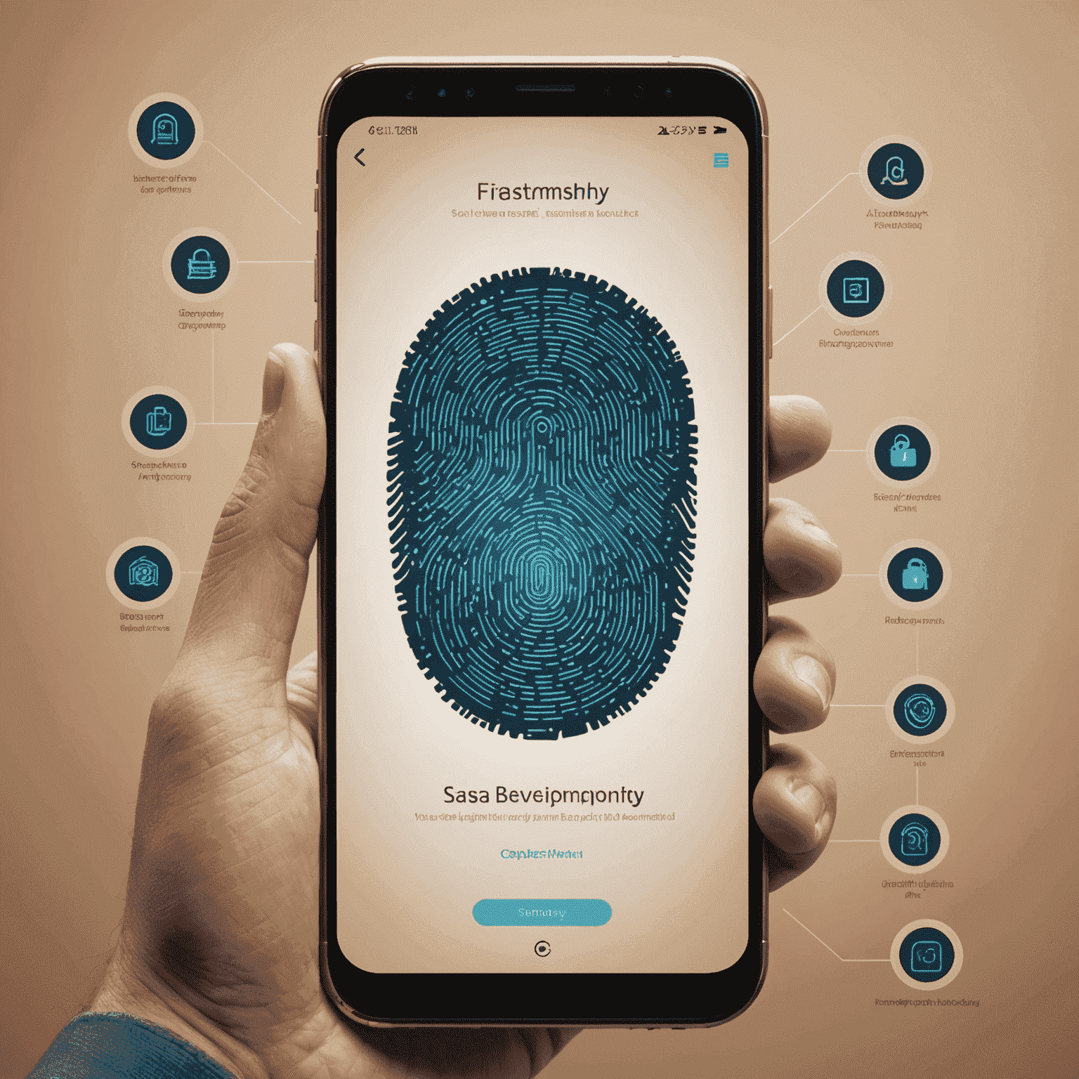 A smartphone screen displaying various security features like fingerprint scan, face recognition, and encryption symbols
