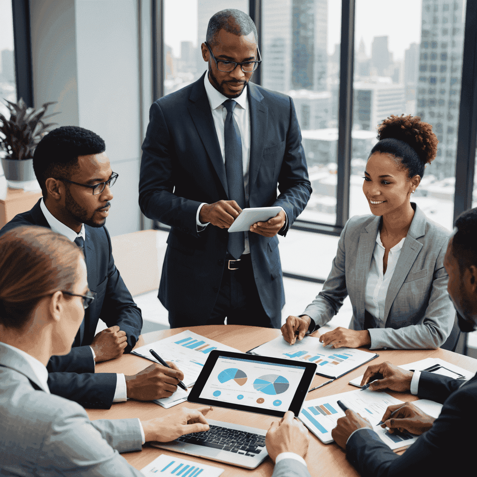 A professional consultant presenting mobile technology integration strategies to a diverse group of business executives