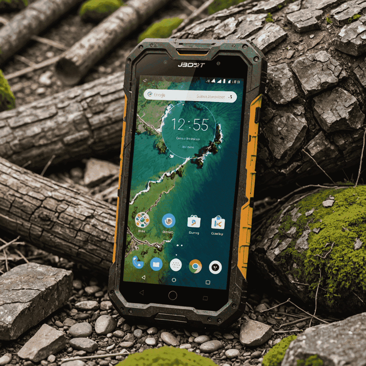 A rugged smartphone with reinforced corners, water-resistant design, and a large battery indicator, ideal for outdoor use.