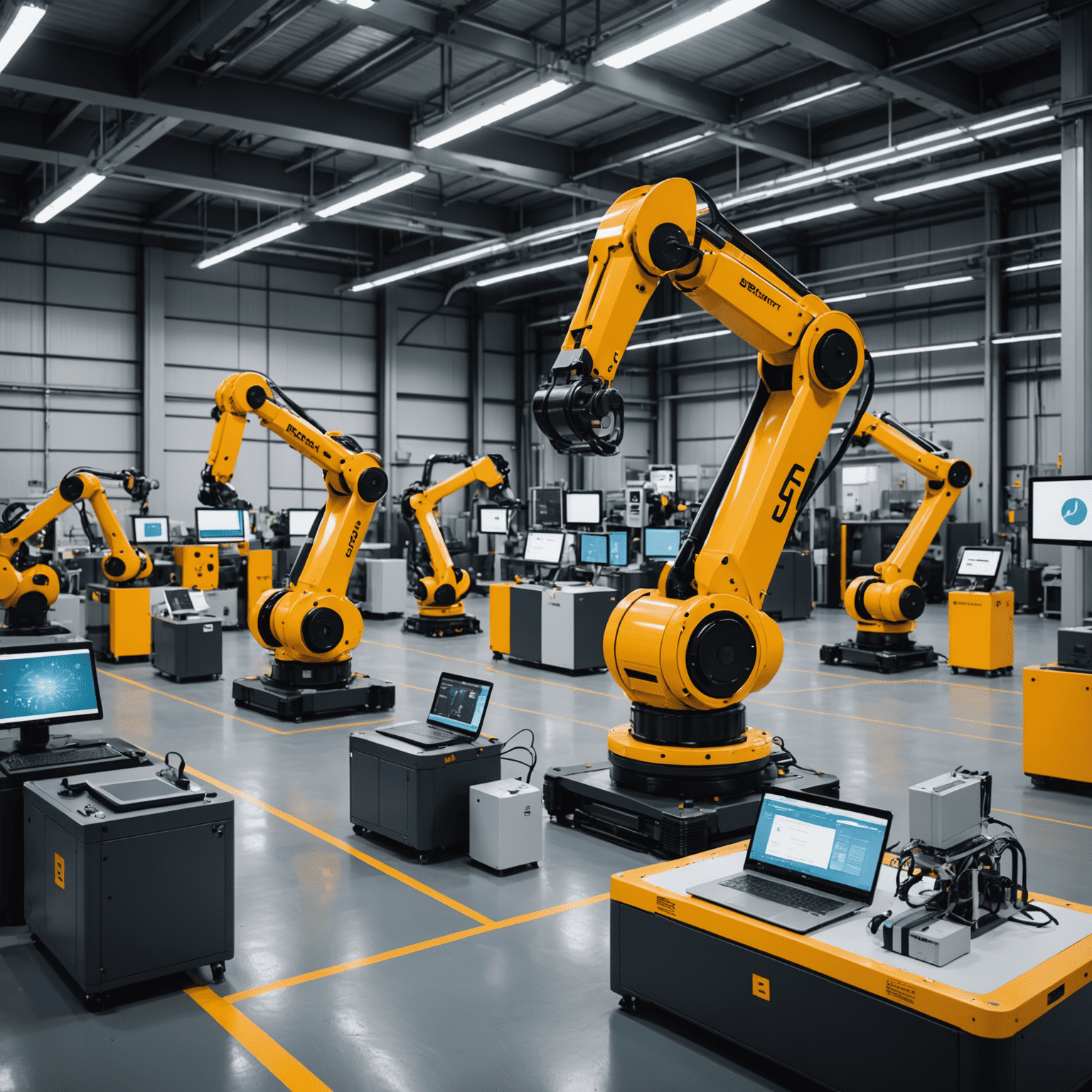 A smart factory with robots and IoT devices connected via 5G, showcasing industrial applications