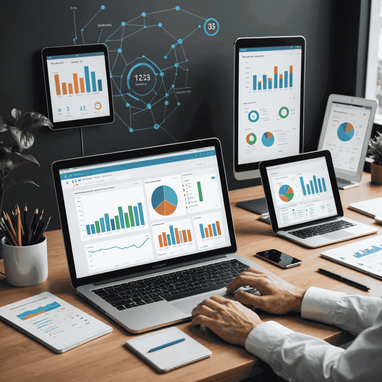 A testing environment with multiple mobile devices running various tests, surrounded by charts and quality assurance reports